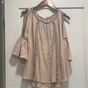 Stylish Beige Cold Shoulder Blouse with Black Accents